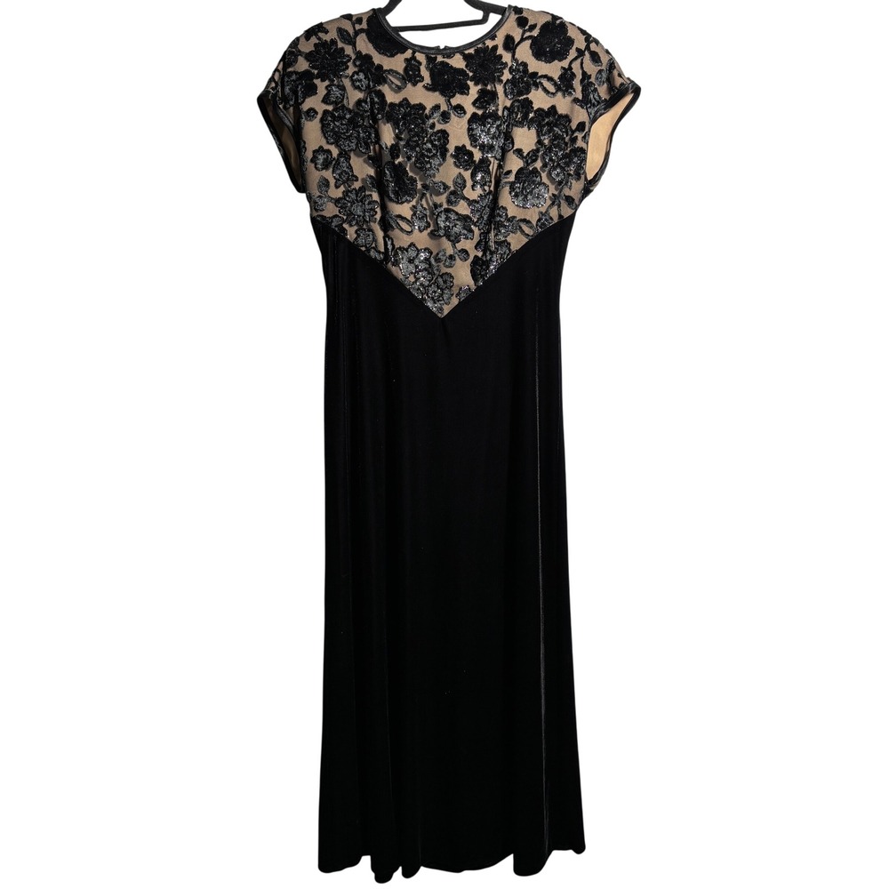 VTG Black Tan Velvet Floral Dress Formal Gown Whimsigoth Dark Romantic L Gothic‎